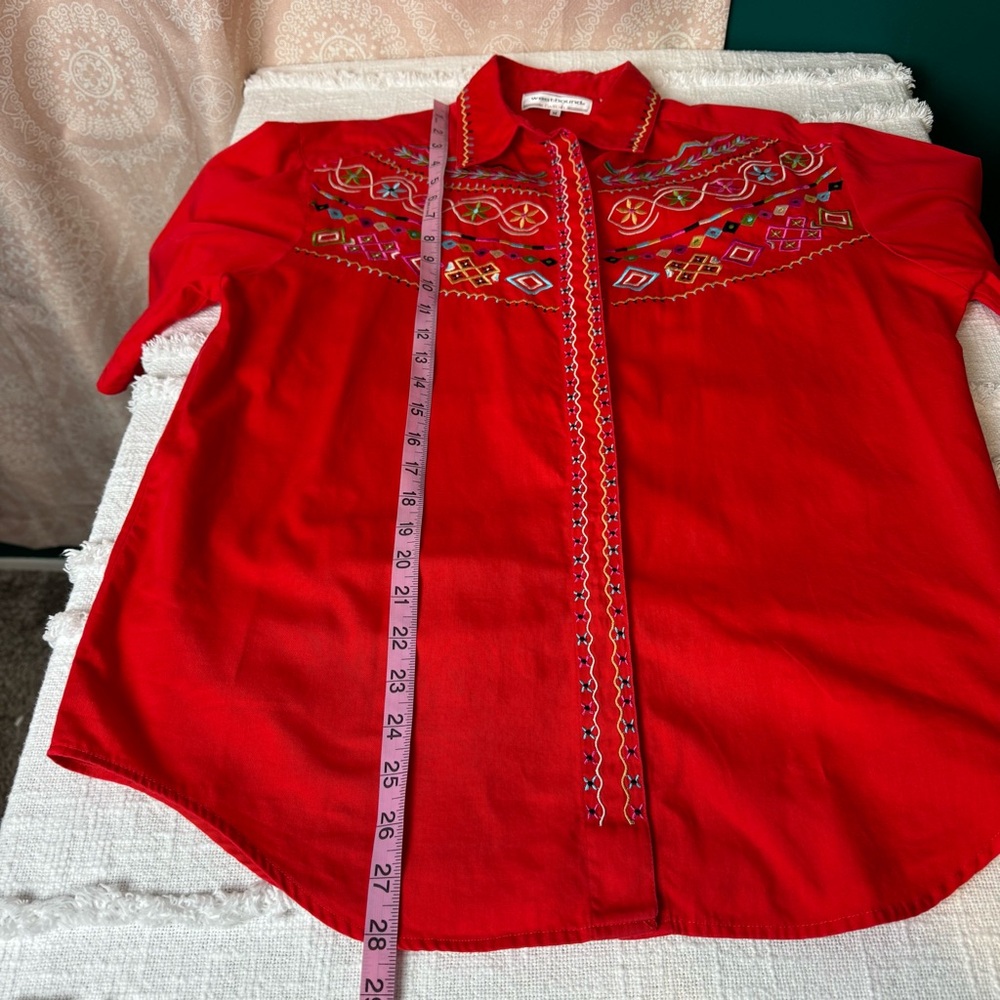 Westbound Vintage 90s Casual Vibrant Red Western Embroidered Cotton Shirt Size M - Picture 8 of 11
